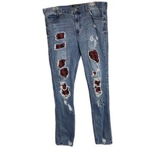 PacSun Denim Distressed Skinny Jeans with Plaid Patches 30x32